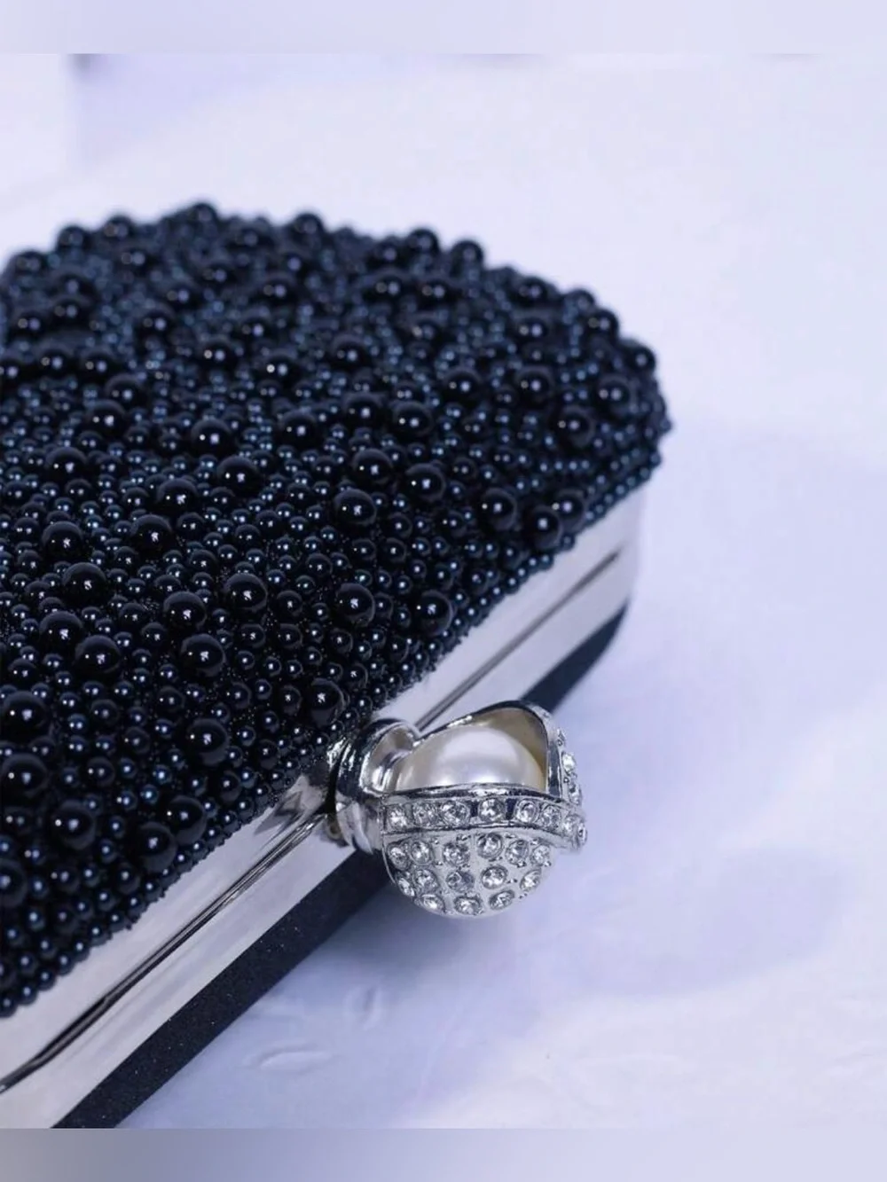 Pearl & Crystal Embellished Clutch - Black
